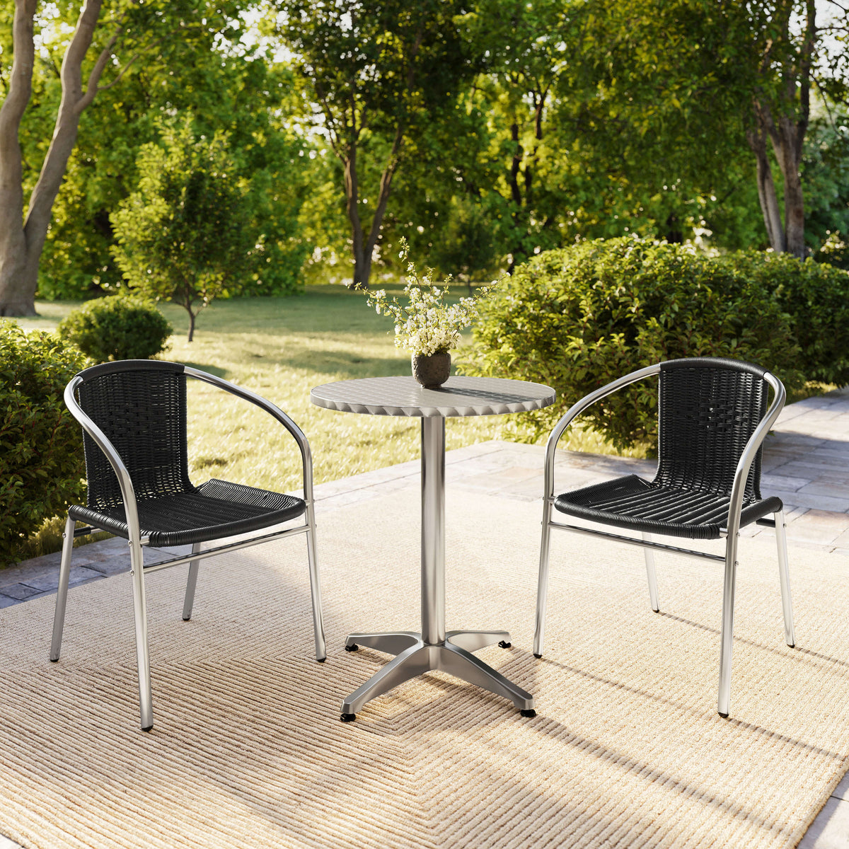 Flash Furniture TLH-ALUM-24RD-020BKCHR2-GG 23.5" Round Aluminum Indoor-Outdoor Table Set with 2 Black Rattan Chairs - View 8