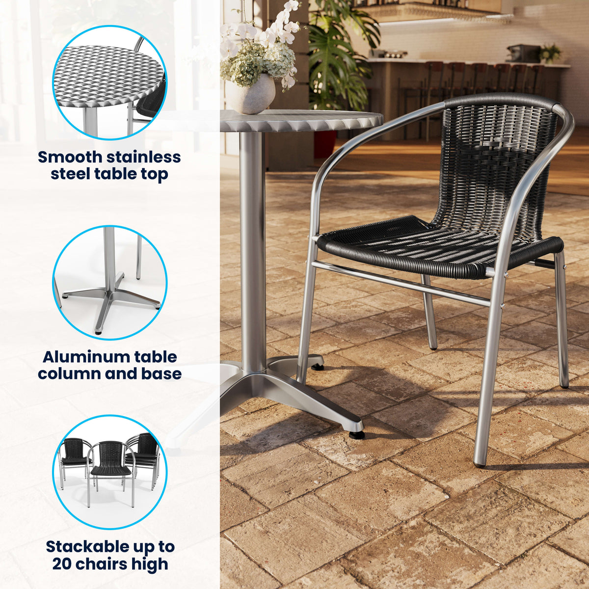 Flash Furniture TLH-ALUM-24RD-020BKCHR4-GG 23.5" Round Aluminum Indoor-Outdoor Table Set with 4 Black Rattan Chairs - View 3