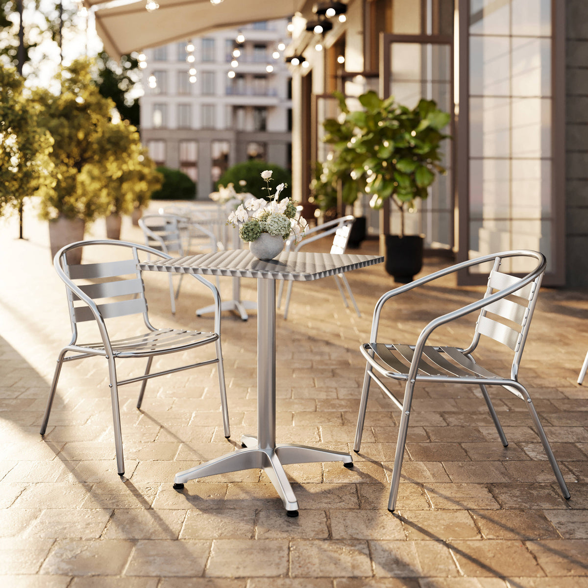 Flash Furniture TLH-ALUM-24SQ-017BCHR2-GG 23.5" Square Aluminum Indoor-Outdoor Table Set with 2 Slat Back Chairs - View 2