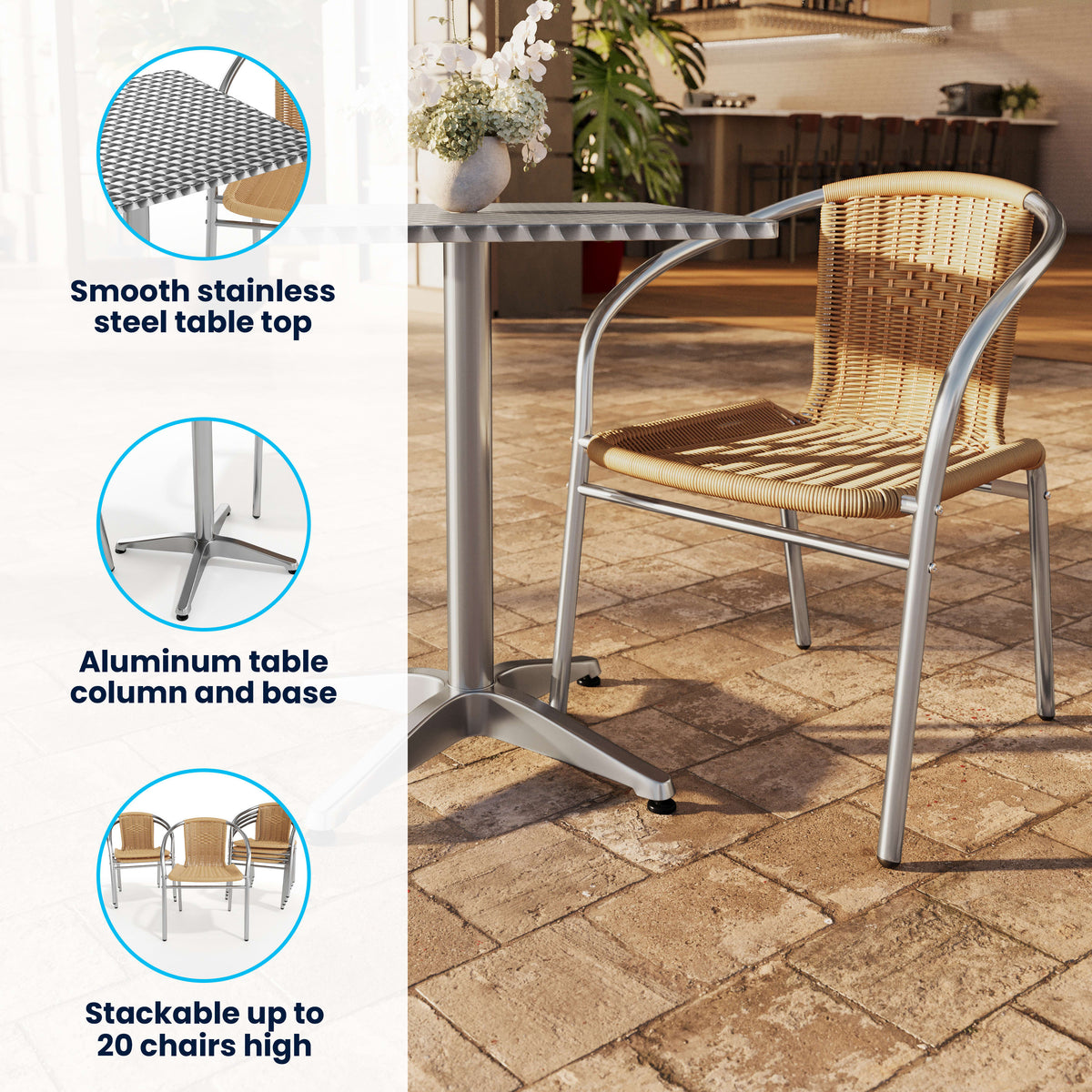 Flash Furniture TLH-ALUM-24SQ-020BGECHR2-GG 23.5" Square Aluminum Indoor-Outdoor Table Set with 2 Beige Rattan Chairs - View 3