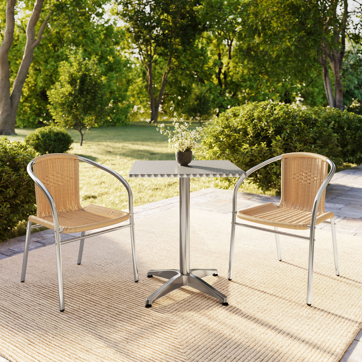 Flash Furniture TLH-ALUM-24SQ-020BGECHR2-GG 23.5" Square Aluminum Indoor-Outdoor Table Set with 2 Beige Rattan Chairs - View 8