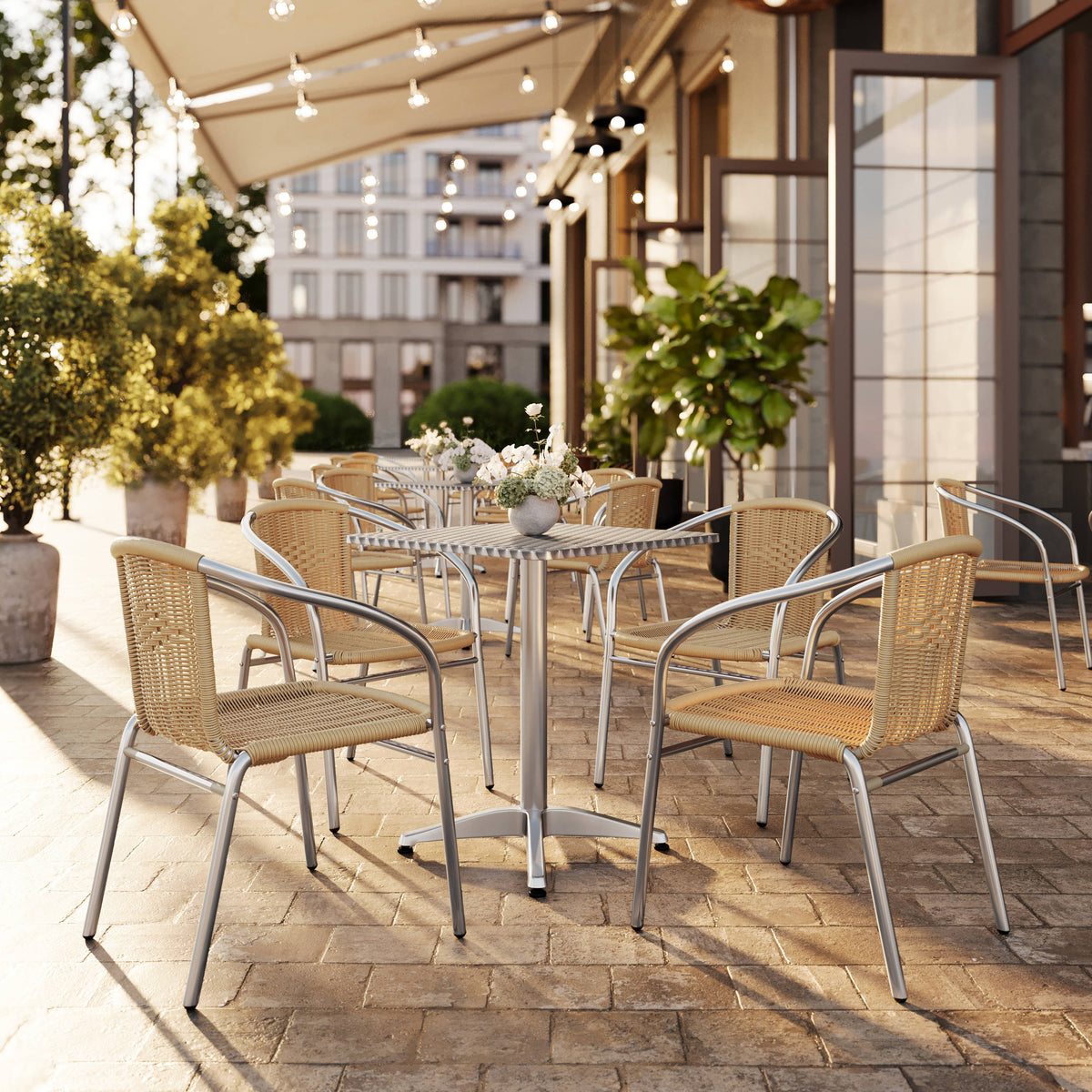 Flash Furniture TLH-ALUM-24SQ-020BGECHR4-GG 23.5" Square Aluminum Indoor-Outdoor Table Set with 4 Beige Rattan Chairs - View 2