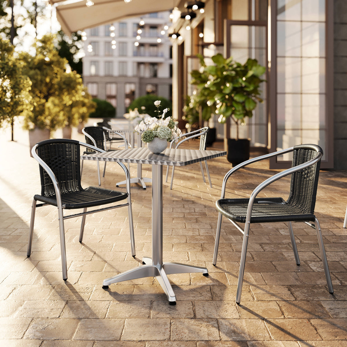 Flash Furniture TLH-ALUM-24SQ-020BKCHR2-GG 23.5" Square Aluminum Indoor-Outdoor Table Set with 2 Black Rattan Chairs - View 2