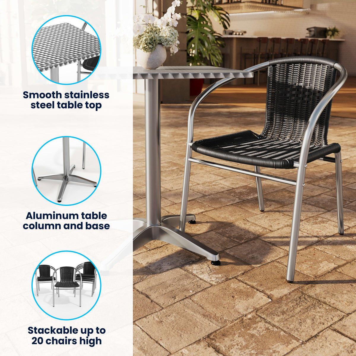 Flash Furniture TLH-ALUM-24SQ-020BKCHR2-GG 23.5" Square Aluminum Indoor-Outdoor Table Set with 2 Black Rattan Chairs - View 3