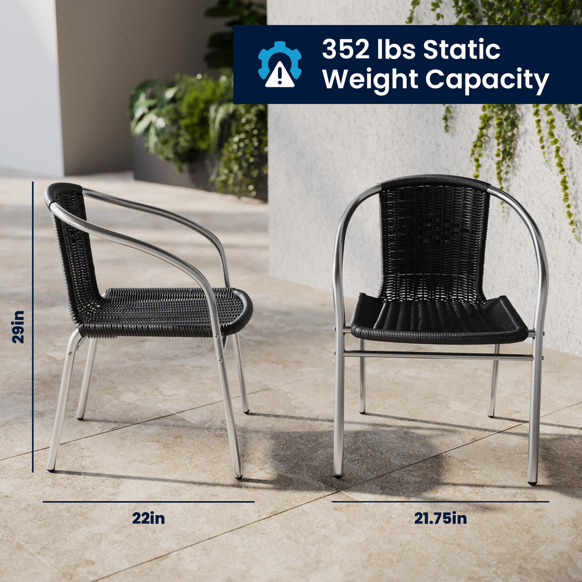 Flash Furniture TLH-ALUM-24SQ-020BKCHR2-GG 23.5" Square Aluminum Indoor-Outdoor Table Set with 2 Black Rattan Chairs - View 6