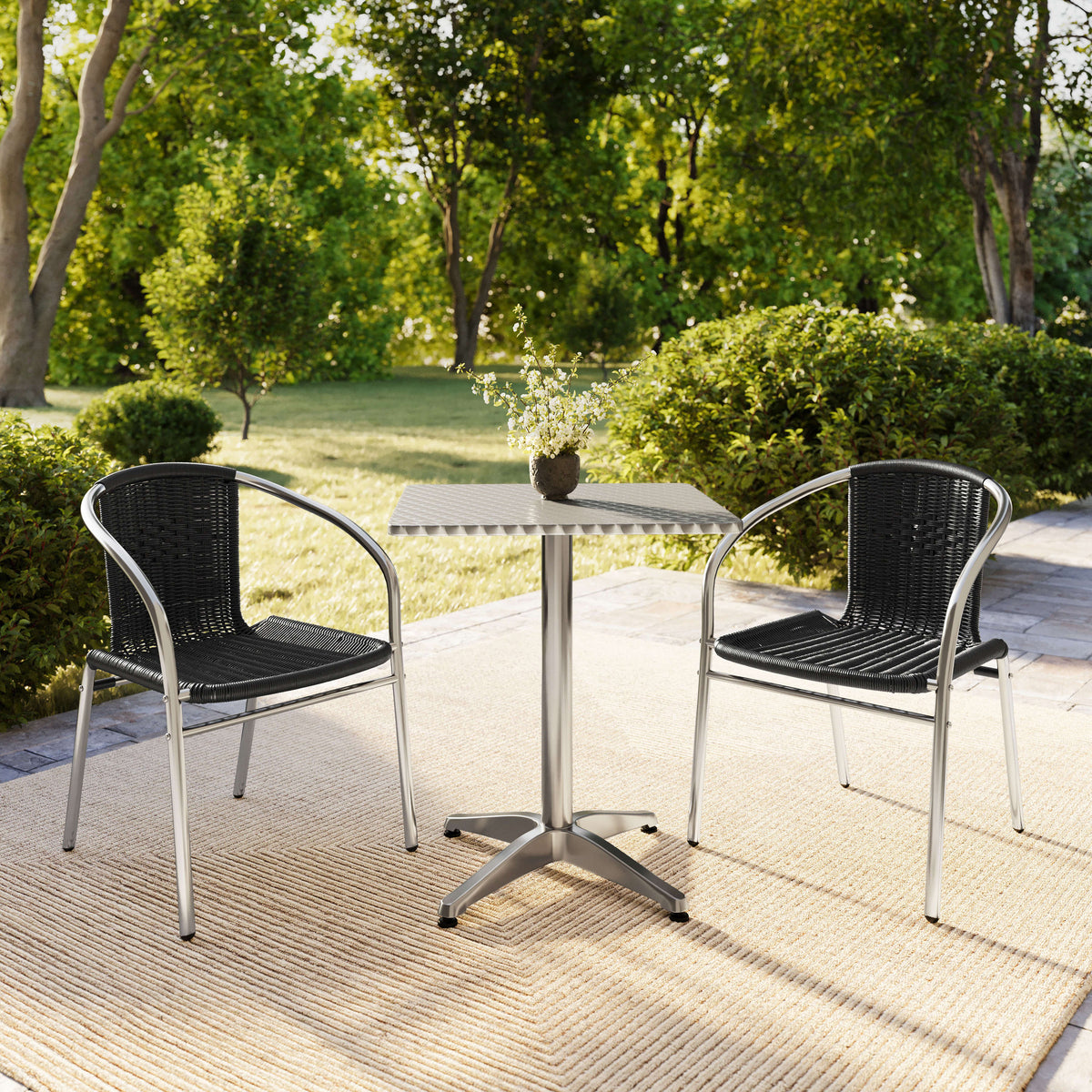 Flash Furniture TLH-ALUM-24SQ-020BKCHR2-GG 23.5" Square Aluminum Indoor-Outdoor Table Set with 2 Black Rattan Chairs - View 8