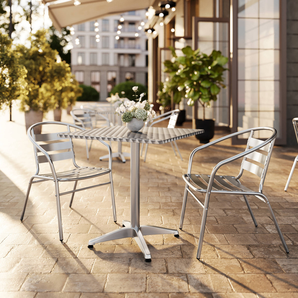 Flash Furniture TLH-ALUM-28SQ-017BCHR2-GG 27.5" Square Aluminum Indoor-Outdoor Table Set with 2 Slat Back Chairs - View 2