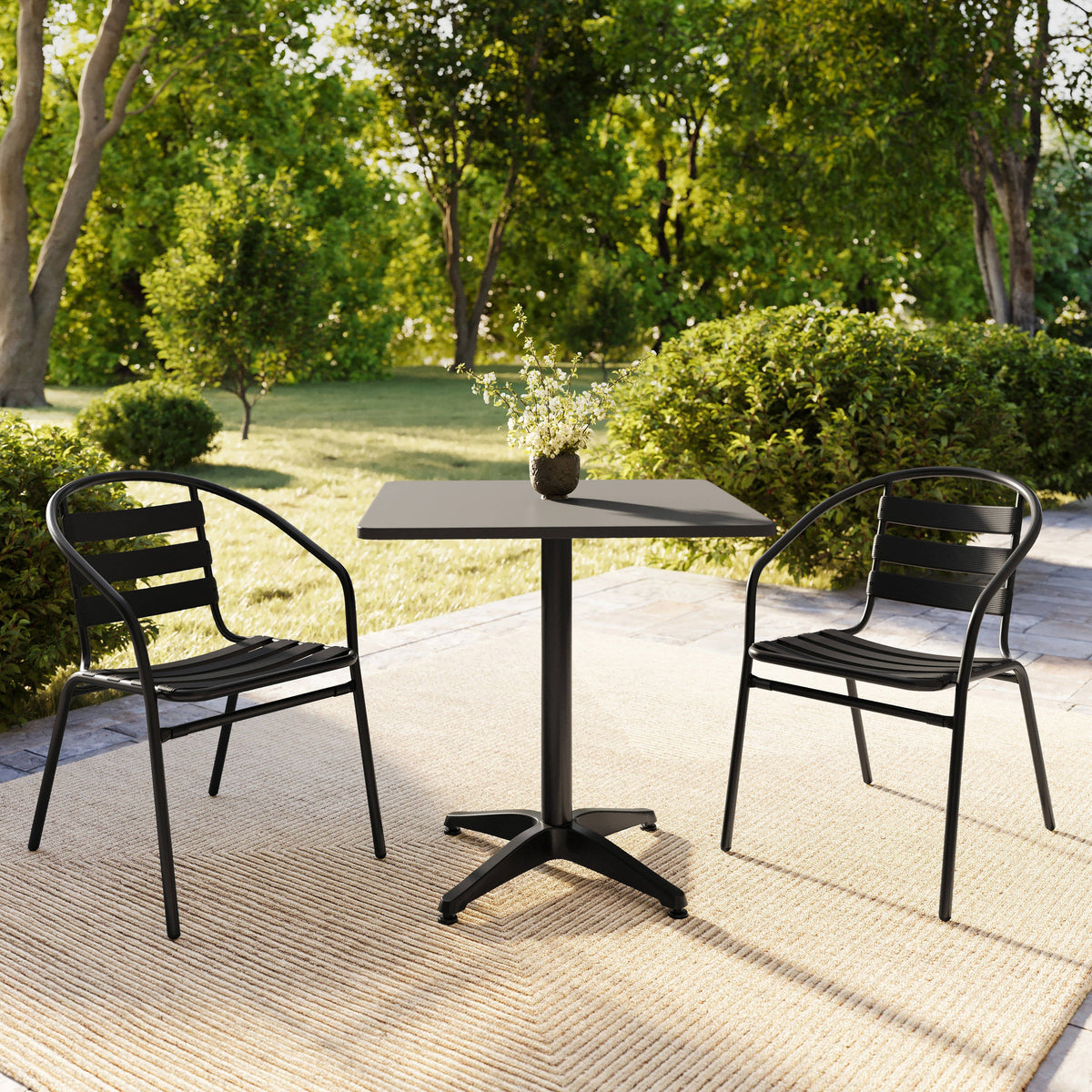 Flash Furniture TLH-ALUM-28SQ-017BK2-GG Modern 27.5" Square Glass Framed Glass Table with 2 Black Slat Back Chairs - View 8