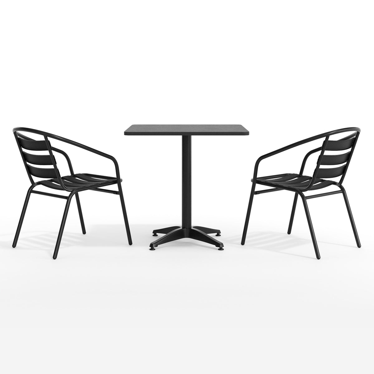 Flash Furniture TLH-ALUM-28SQ-017BK2-GG Modern 27.5" Square Glass Framed Glass Table with 2 Black Slat Back Chairs - View 9