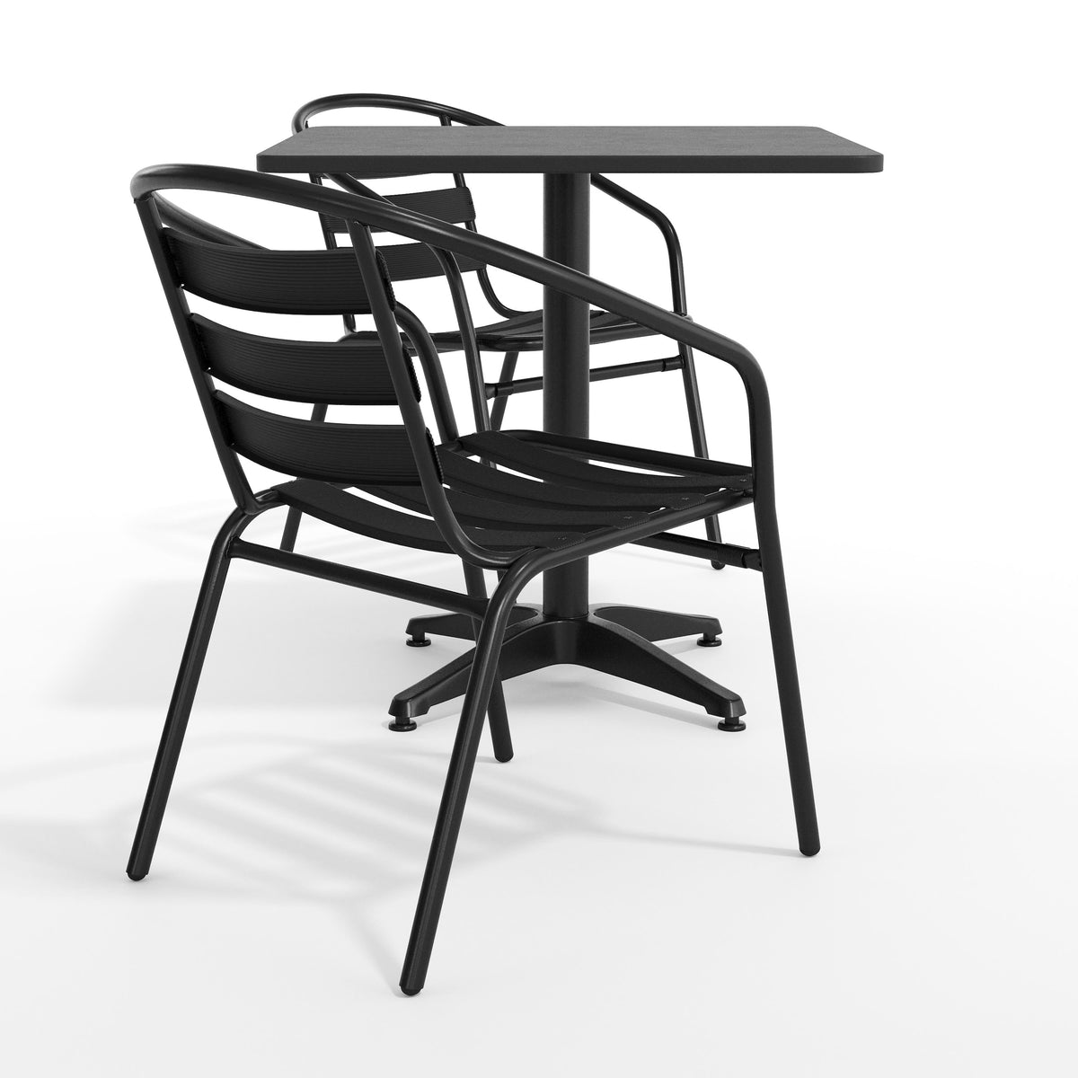 Flash Furniture TLH-ALUM-28SQ-017BK2-GG Modern 27.5" Square Glass Framed Glass Table with 2 Black Slat Back Chairs - View 11