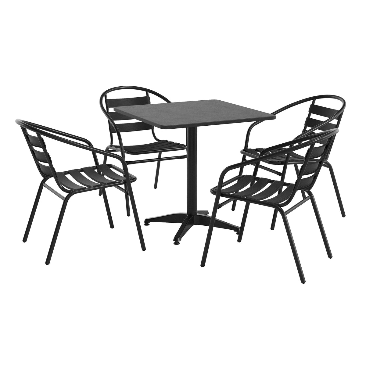 Flash Furniture TLH-ALUM-28SQ-017BK4-GG Modern 27.5" Square Glass Framed Glass Table with 4 Black Slat Back Chairs - Main view