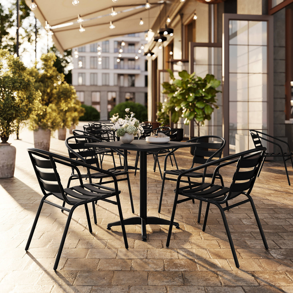 Flash Furniture TLH-ALUM-28SQ-017BK4-GG Modern 27.5" Square Glass Framed Glass Table with 4 Black Slat Back Chairs - View 2