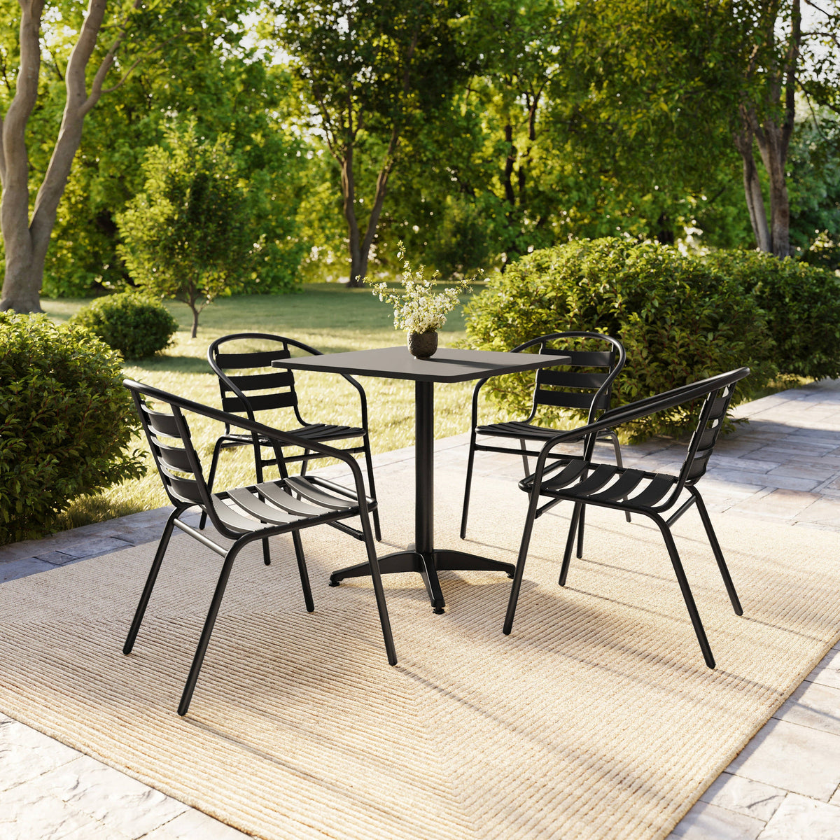Flash Furniture TLH-ALUM-28SQ-017BK4-GG Modern 27.5" Square Glass Framed Glass Table with 4 Black Slat Back Chairs - View 8