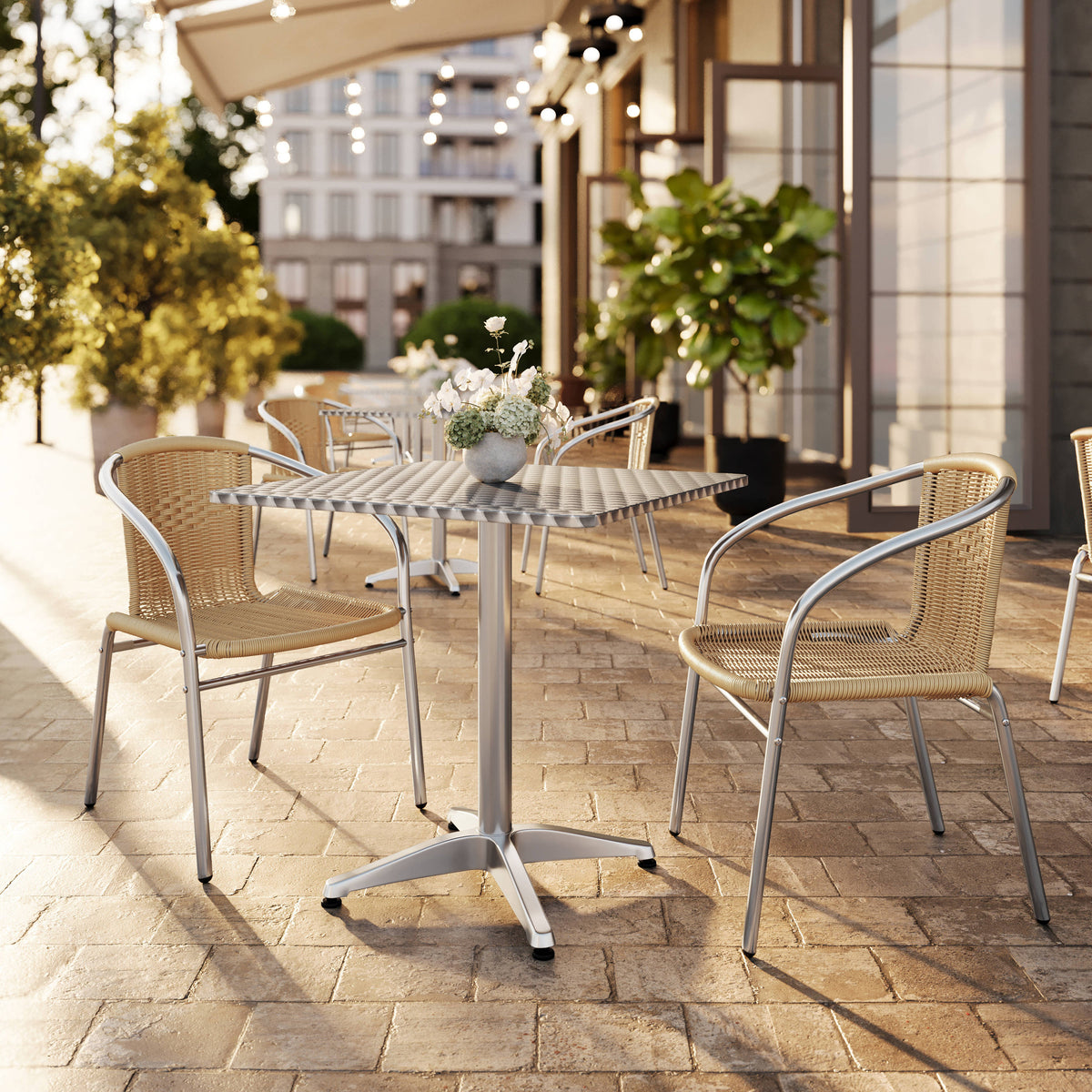 Flash Furniture TLH-ALUM-28SQ-020BGECHR2-GG 27.5" Square Aluminum Indoor-Outdoor Table Set with 2 Beige Rattan Chairs - View 2