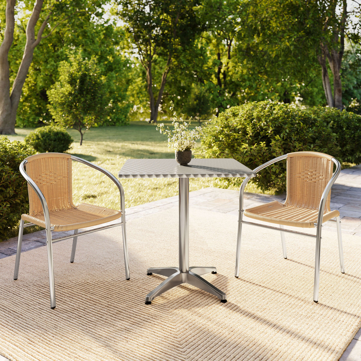 Flash Furniture TLH-ALUM-28SQ-020BGECHR2-GG 27.5" Square Aluminum Indoor-Outdoor Table Set with 2 Beige Rattan Chairs - View 8