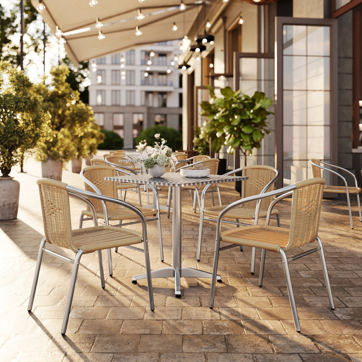 Flash Furniture TLH-ALUM-28SQ-020BGECHR4-GG 27.5" Square Aluminum Indoor-Outdoor Table Set with 4 Beige Rattan Chairs - View 2