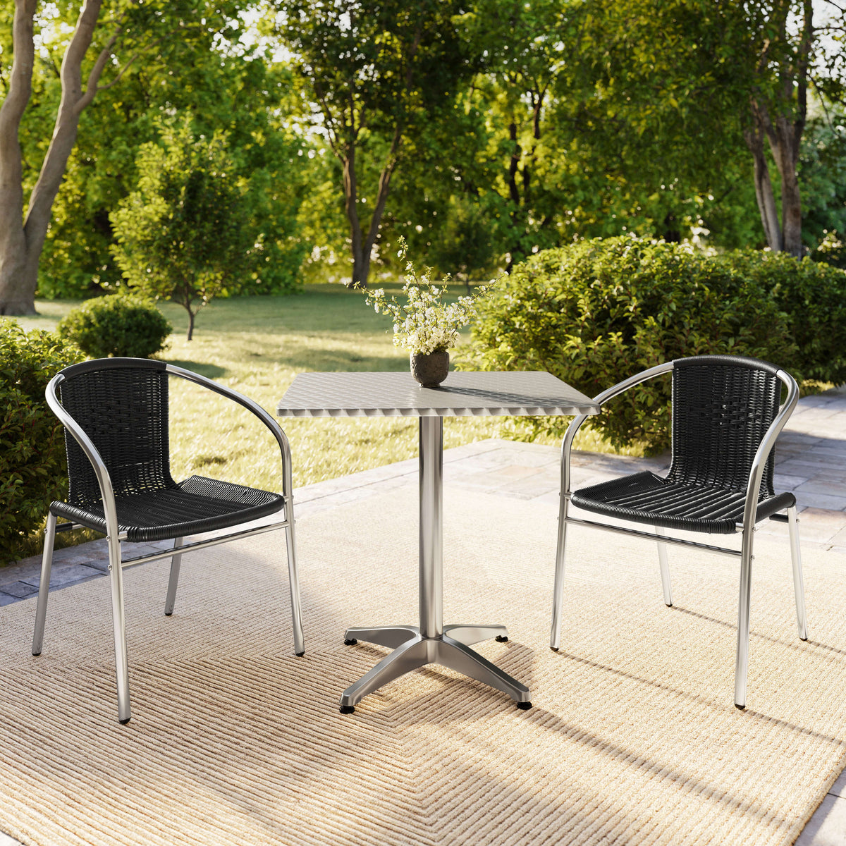 Flash Furniture TLH-ALUM-28SQ-020BKCHR2-GG 27.5" Square Aluminum Indoor-Outdoor Table Set with 2 Black Rattan Chairs - View 8