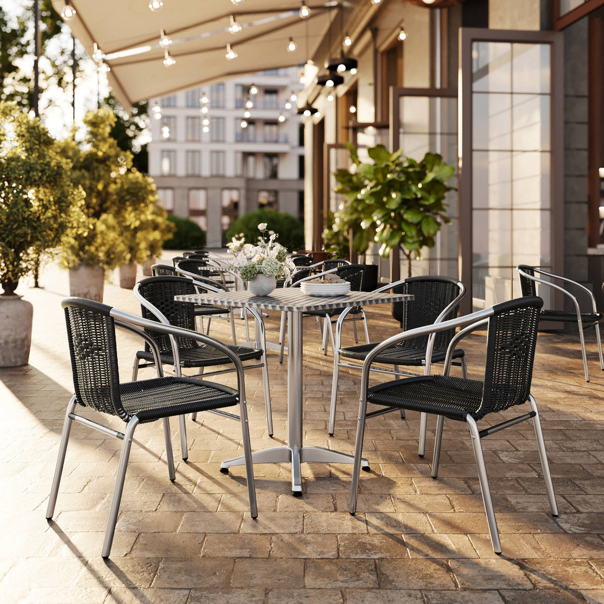 Flash Furniture TLH-ALUM-28SQ-020BKCHR4-GG 27.5" Square Aluminum Indoor-Outdoor Table Set with 4 Black Rattan Chairs - View 2