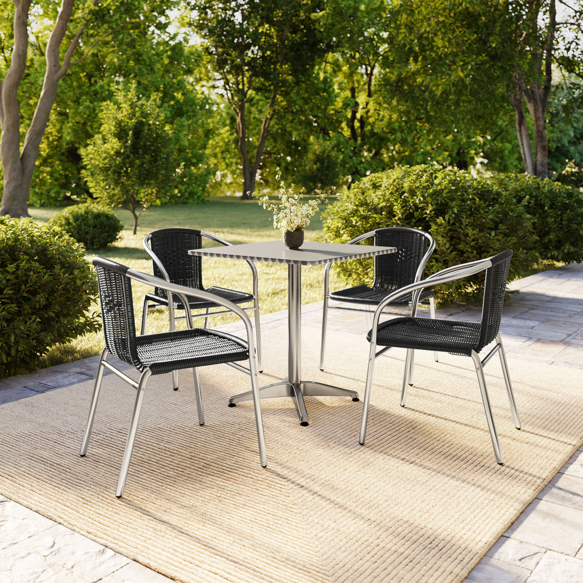 Flash Furniture TLH-ALUM-28SQ-020BKCHR4-GG 27.5" Square Aluminum Indoor-Outdoor Table Set with 4 Black Rattan Chairs - View 8