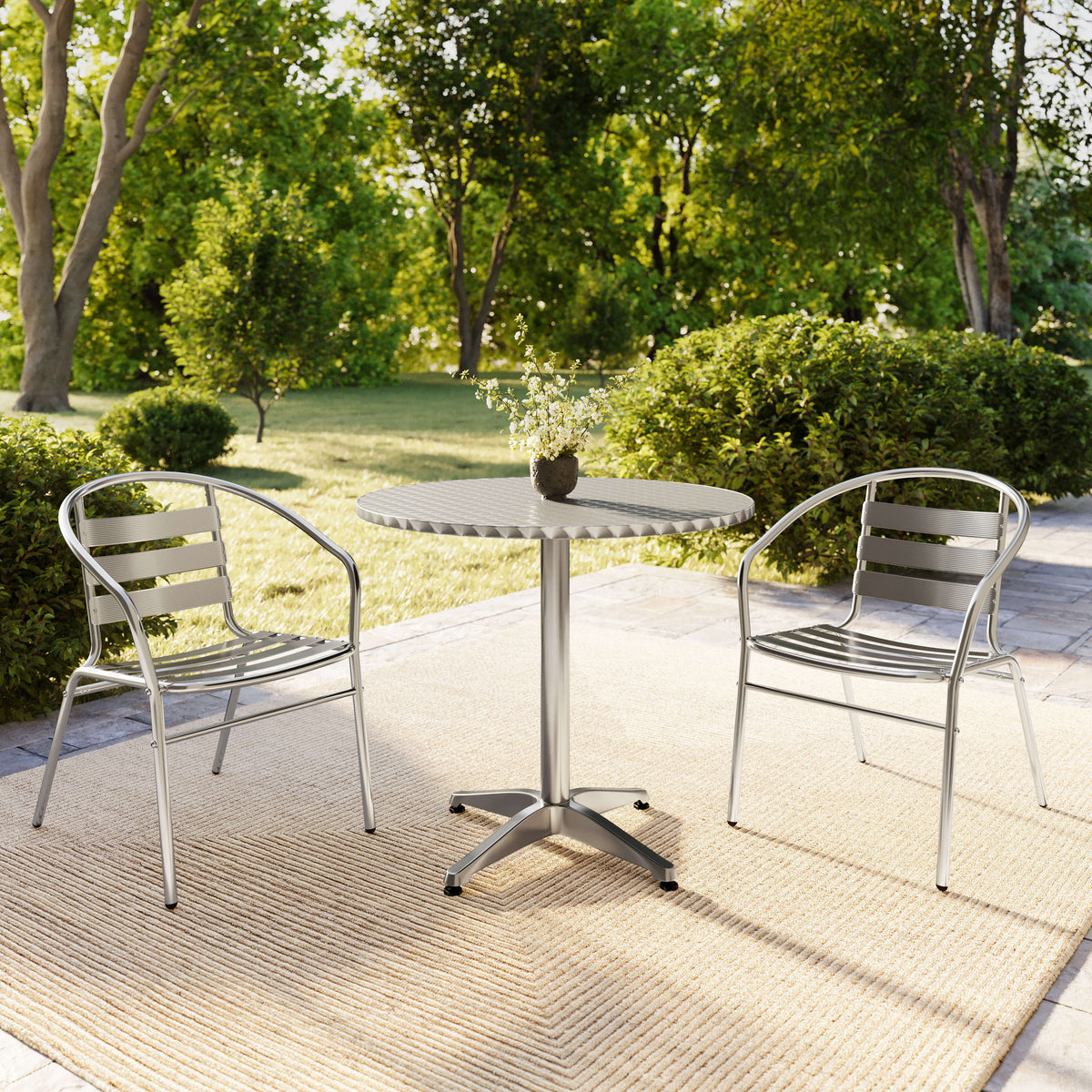 Flash Furniture TLH-ALUM-32RD-017BCHR2-GG 31.5" Round Aluminum Indoor-Outdoor Table Set with 2 Slat Back Chairs - View 8