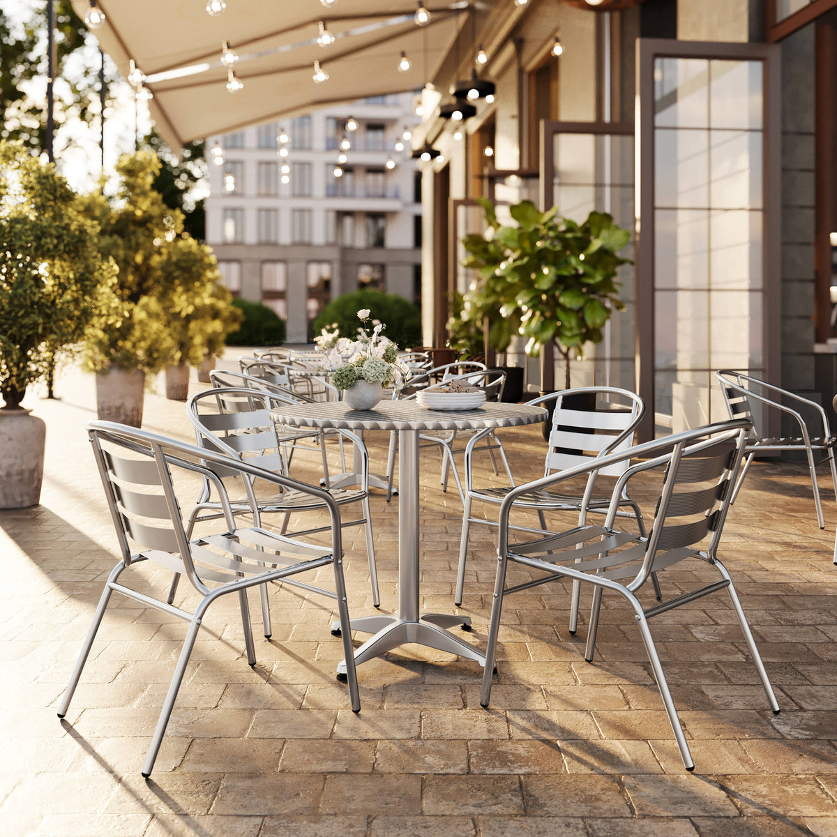Flash Furniture TLH-ALUM-32RD-017BCHR4-GG 31.5" Round Aluminum Indoor-Outdoor Table Set with 4 Slat Back Chairs - View 2