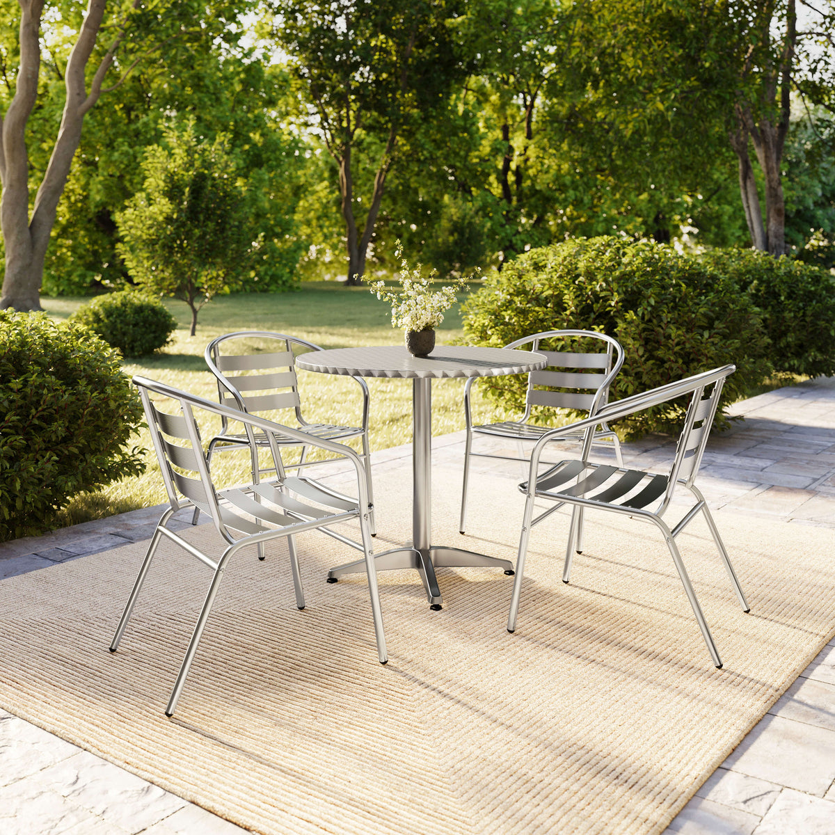 Flash Furniture TLH-ALUM-32RD-017BCHR4-GG 31.5" Round Aluminum Indoor-Outdoor Table Set with 4 Slat Back Chairs - View 8