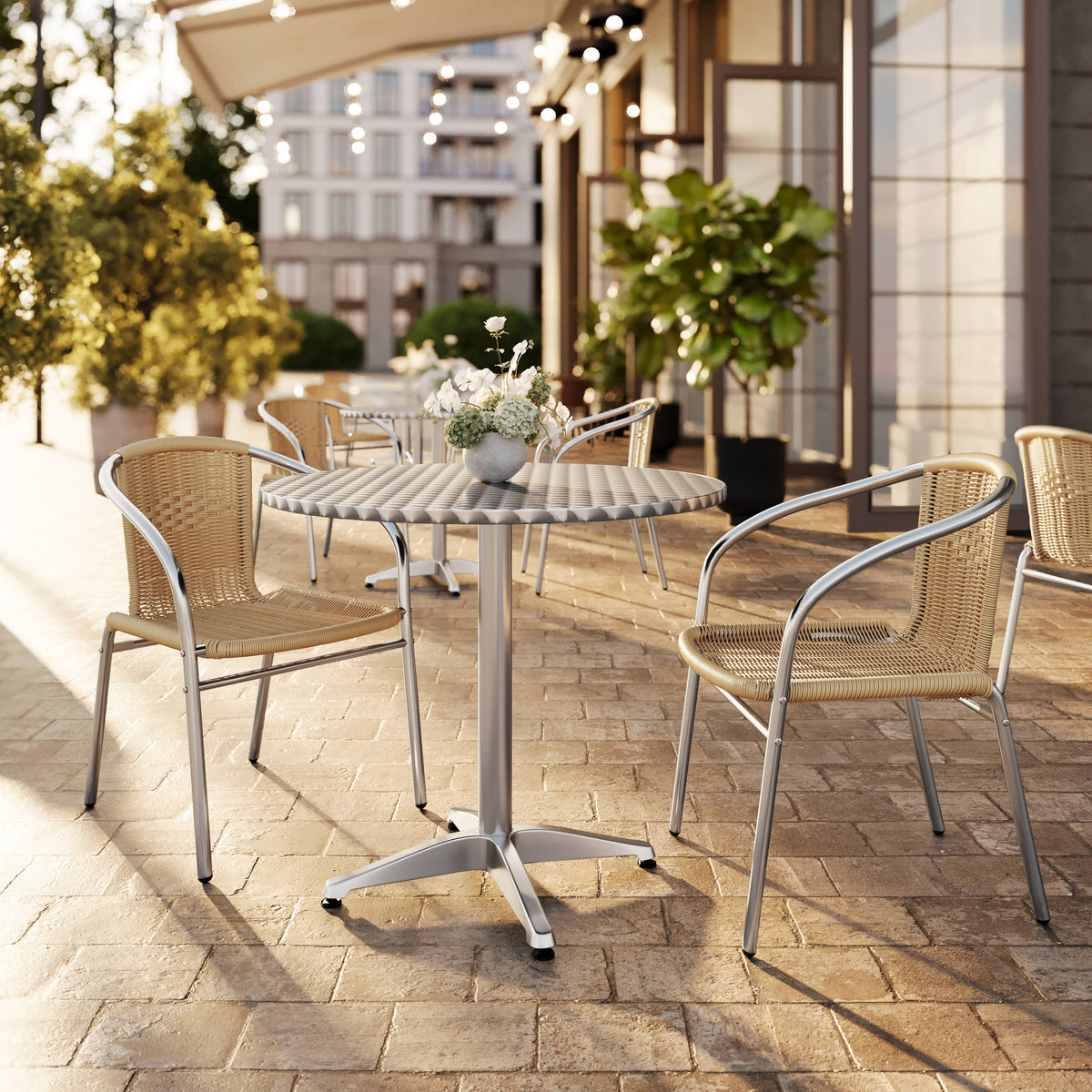 Flash Furniture TLH-ALUM-32RD-020BGECHR2-GG 31.5" Round Aluminum Indoor-Outdoor Table Set with 2 Beige Rattan Chairs - View 2