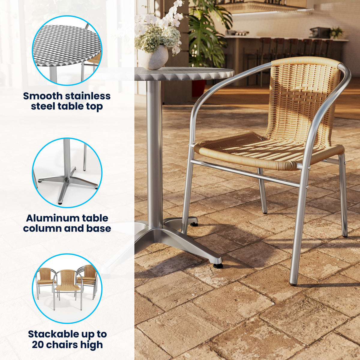 Flash Furniture TLH-ALUM-32RD-020BGECHR2-GG 31.5" Round Aluminum Indoor-Outdoor Table Set with 2 Beige Rattan Chairs - View 3