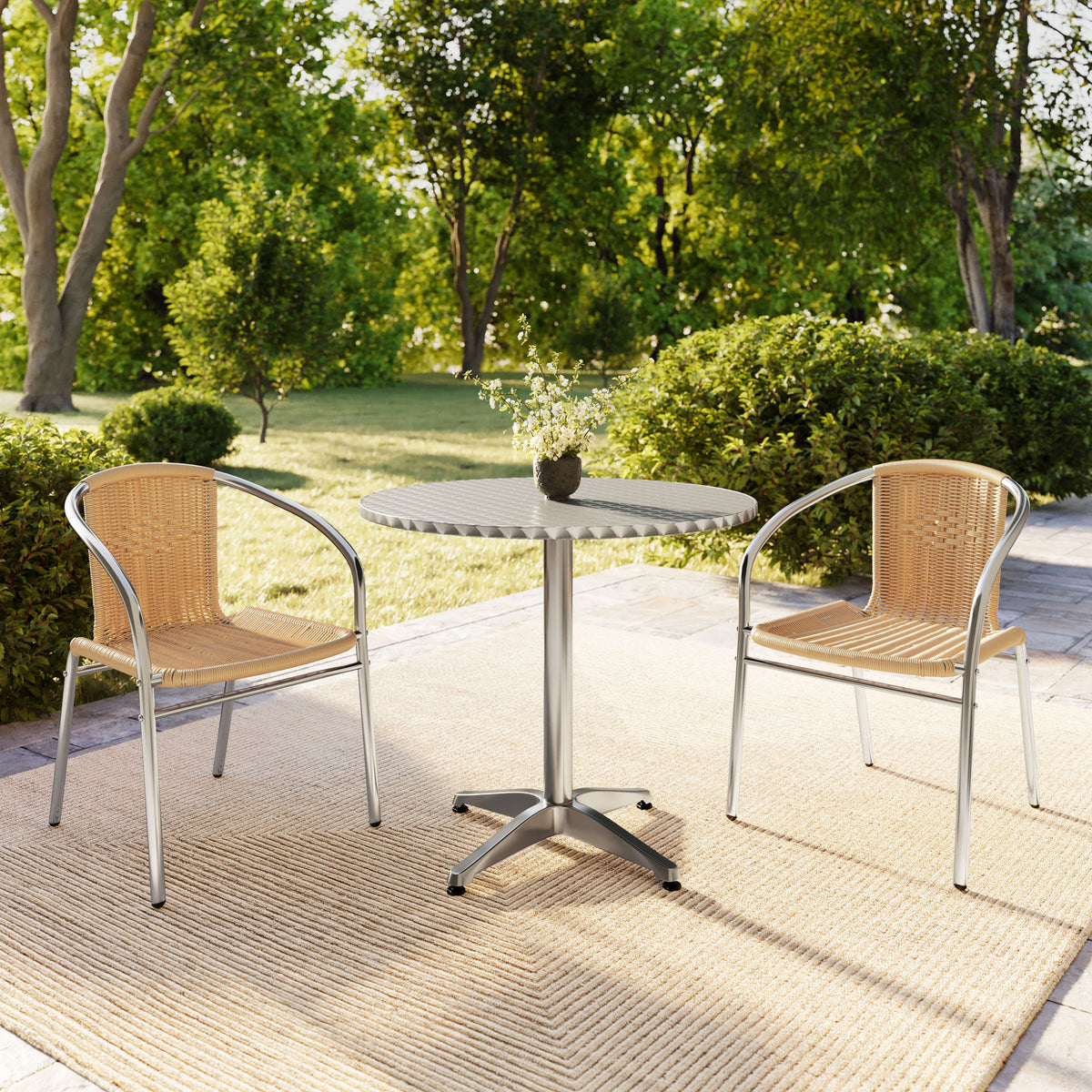 Flash Furniture TLH-ALUM-32RD-020BGECHR2-GG 31.5" Round Aluminum Indoor-Outdoor Table Set with 2 Beige Rattan Chairs - View 8