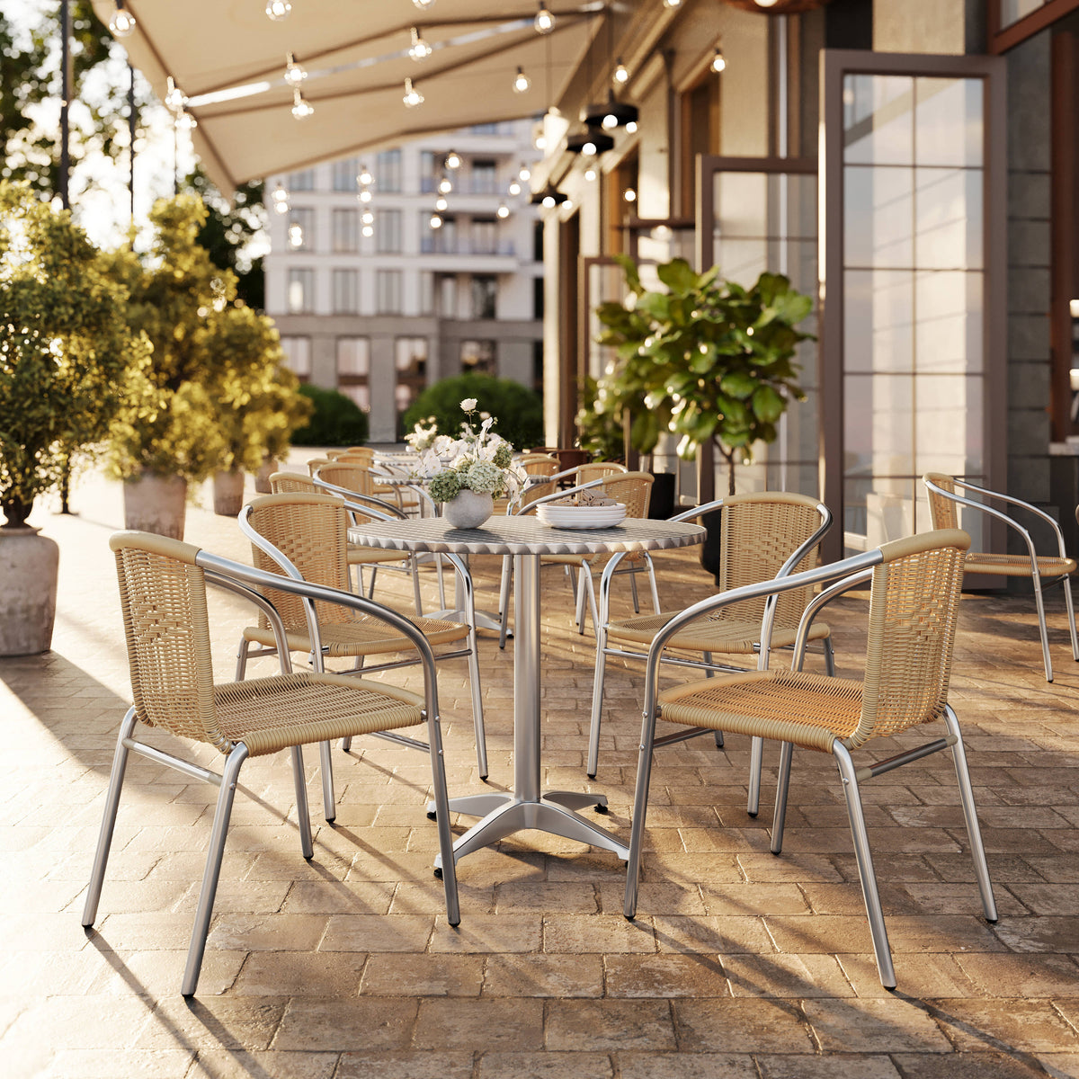 Flash Furniture TLH-ALUM-32RD-020BGECHR4-GG 31.5" Round Aluminum Indoor-Outdoor Table Set with 4 Beige Rattan Chairs - View 2