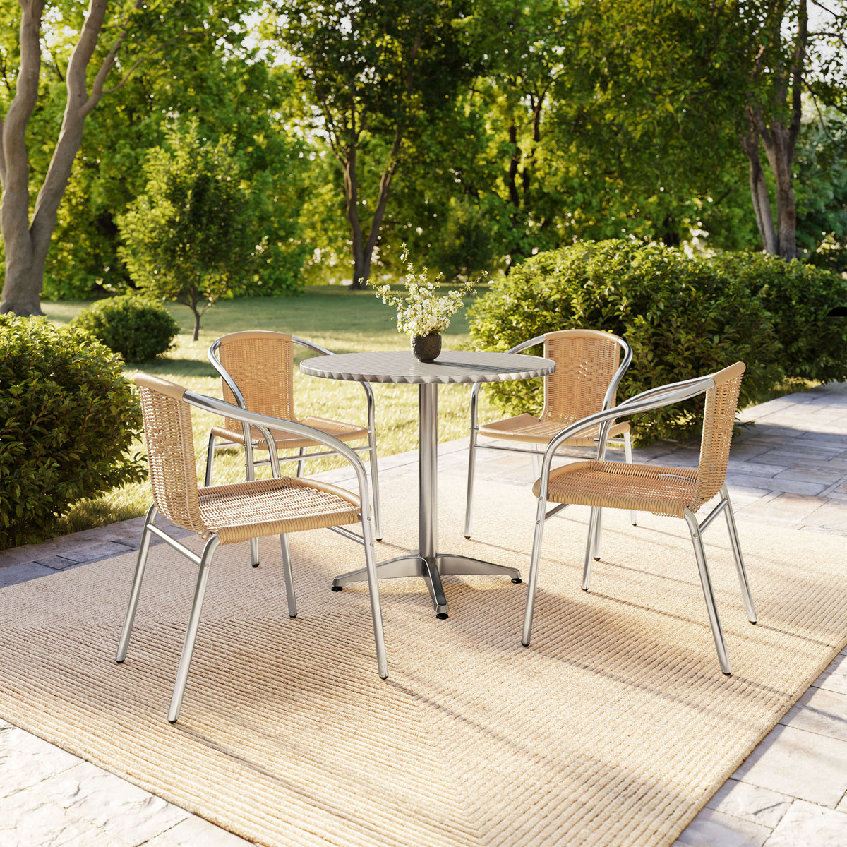 Flash Furniture TLH-ALUM-32RD-020BGECHR4-GG 31.5" Round Aluminum Indoor-Outdoor Table Set with 4 Beige Rattan Chairs - View 8