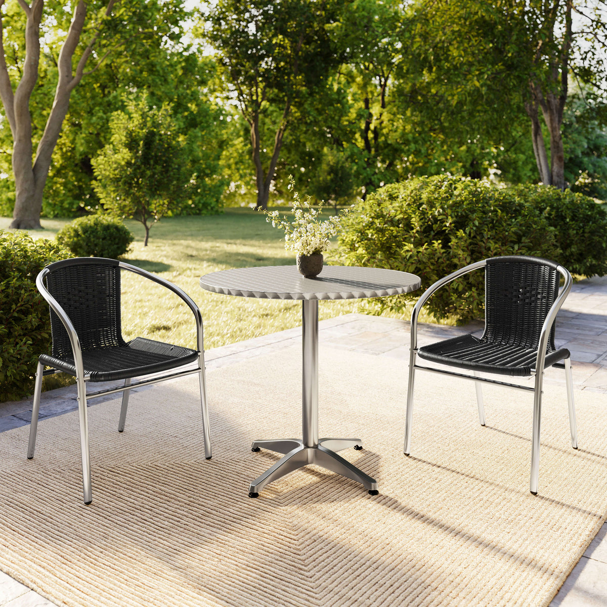 Flash Furniture TLH-ALUM-32RD-020BKCHR2-GG 31.5" Round Aluminum Indoor-Outdoor Table Set with 2 Black Rattan Chairs - View 8