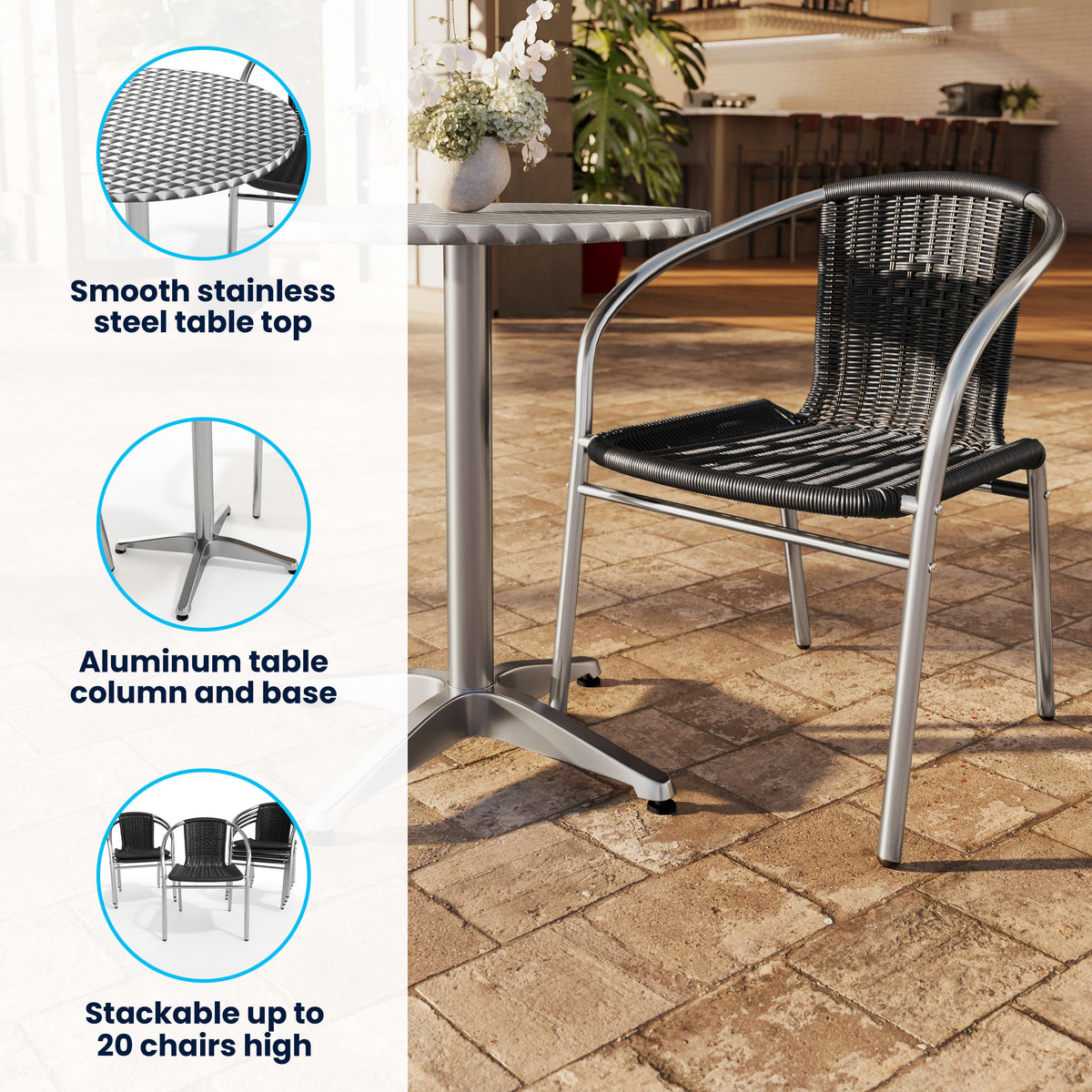 Flash Furniture TLH-ALUM-32RD-020BKCHR4-GG 31.5" Round Aluminum Indoor-Outdoor Table Set with 4 Black Rattan Chairs - View 3