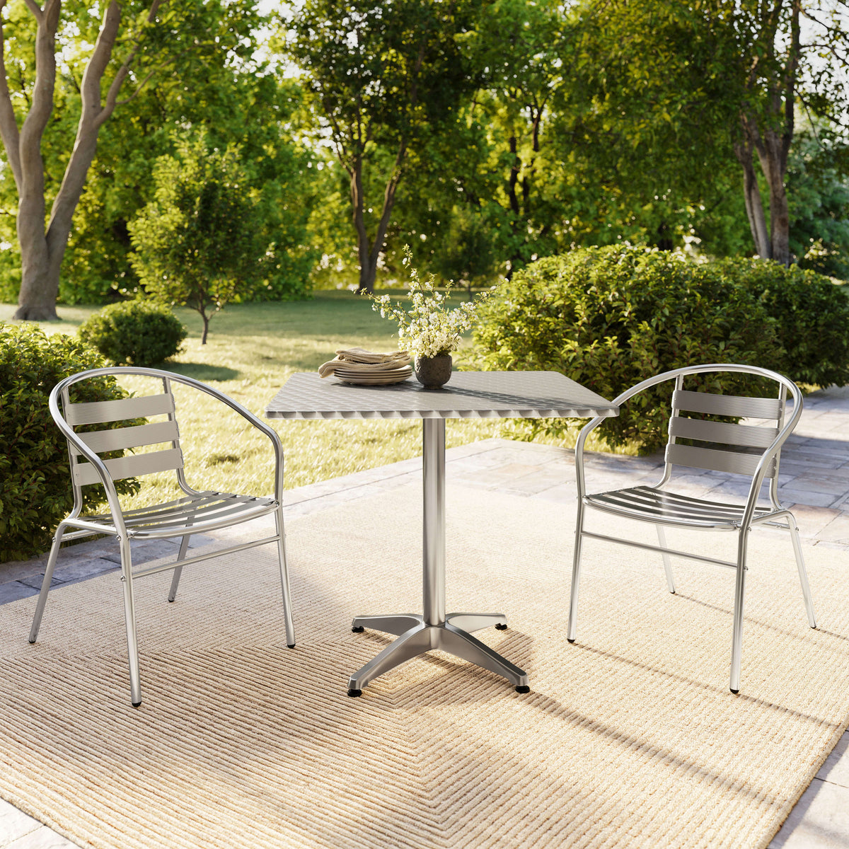 Flash Furniture TLH-ALUM-32SQ-017BCHR2-GG 31.5" Square Aluminum Indoor-Outdoor Table Set with 2 Slat Back Chairs - View 8