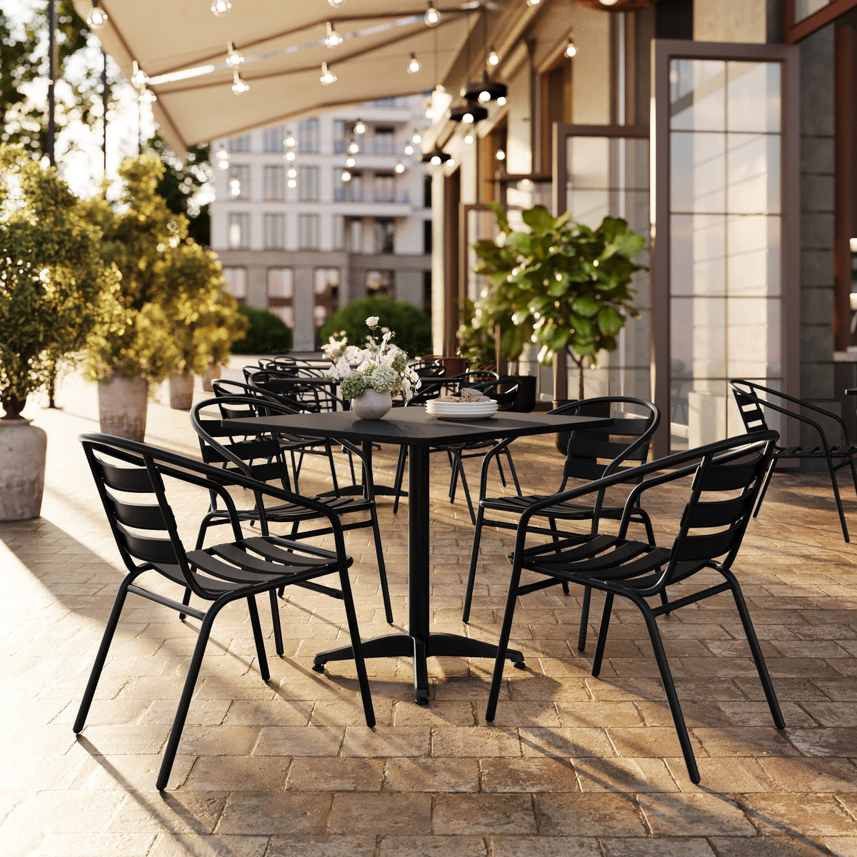Flash Furniture TLH-ALUM-32SQ-017BK4-GG Modern 31.5" Square Glass Framed Glass Table with 4 Black Slat Back Chairs - View 2