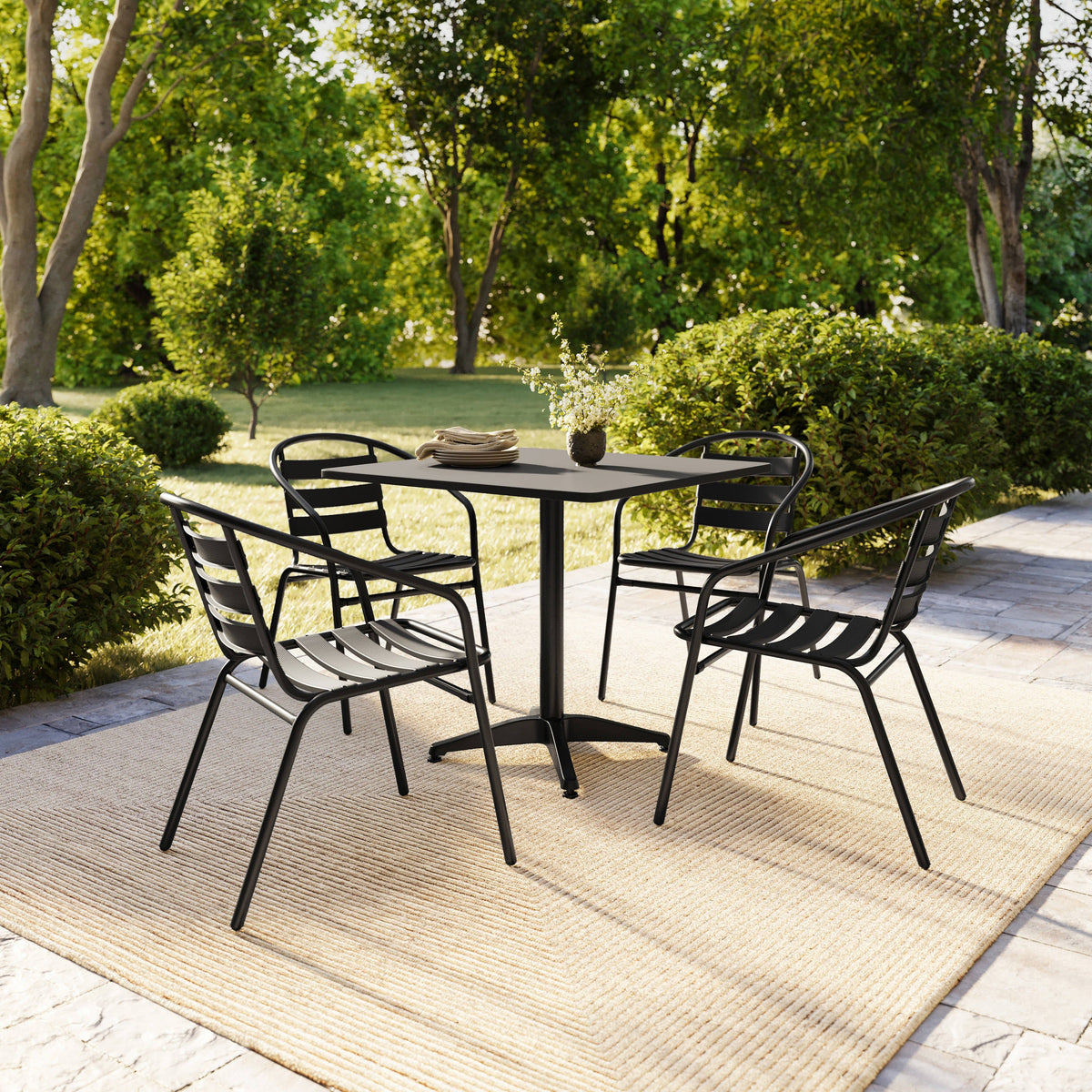 Flash Furniture TLH-ALUM-32SQ-017BK4-GG Modern 31.5" Square Glass Framed Glass Table with 4 Black Slat Back Chairs - View 8