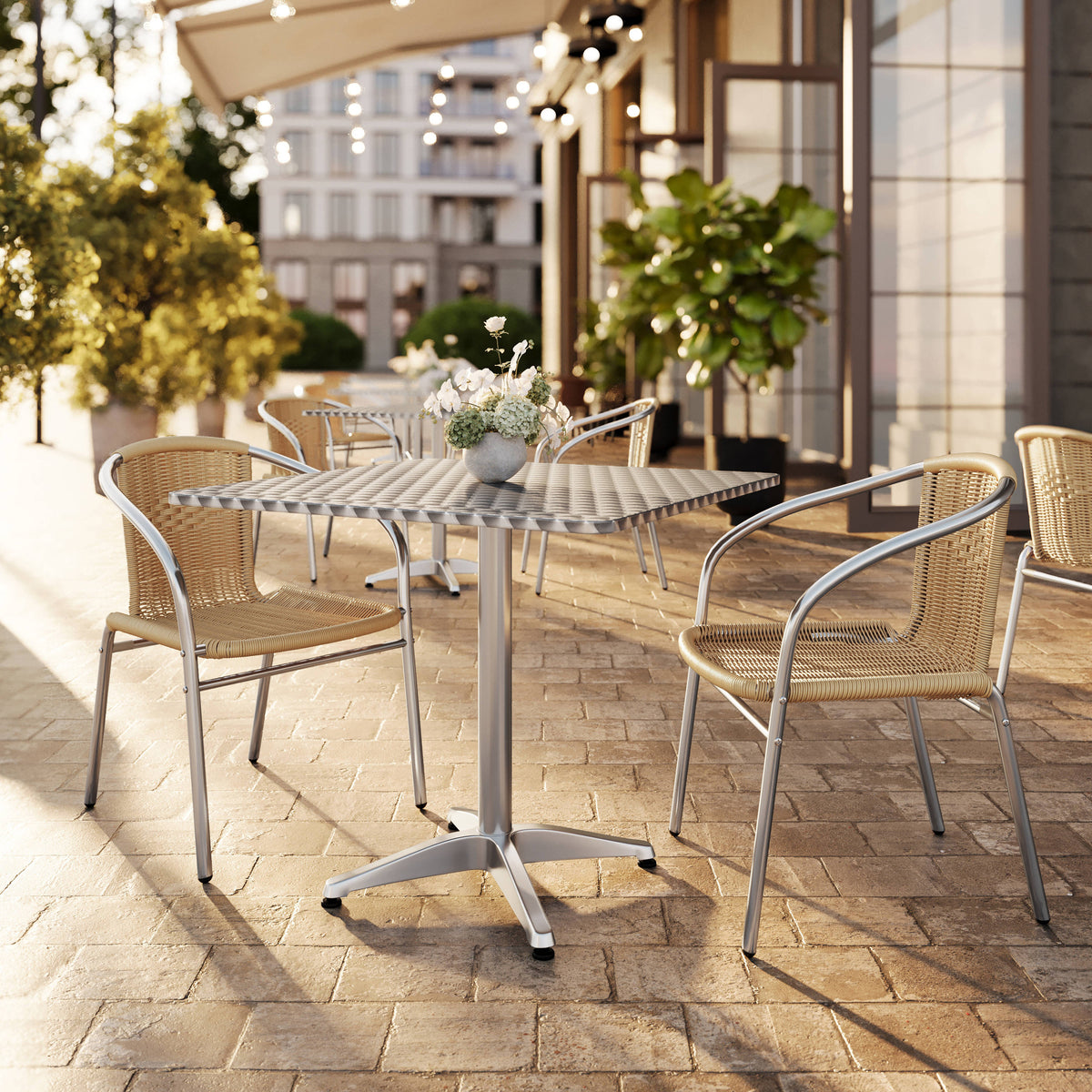 Flash Furniture TLH-ALUM-32SQ-020BGECHR2-GG 31.5" Square Aluminum Indoor-Outdoor Table Set with 2 Beige Rattan Chairs - View 2