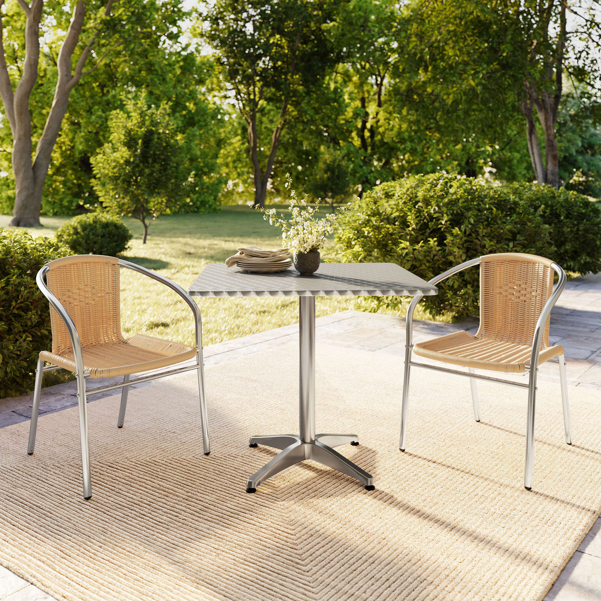 Flash Furniture TLH-ALUM-32SQ-020BGECHR2-GG 31.5" Square Aluminum Indoor-Outdoor Table Set with 2 Beige Rattan Chairs - View 8