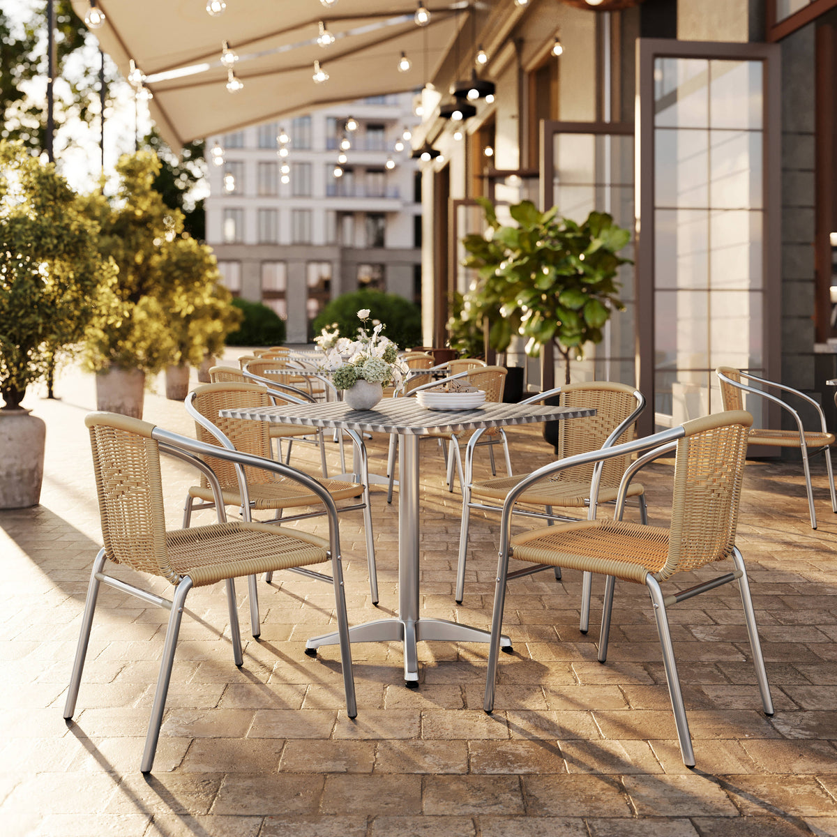 Flash Furniture TLH-ALUM-32SQ-020BGECHR4-GG 31.5" Square Aluminum Indoor-Outdoor Table Set with 4 Beige Rattan Chairs - View 2