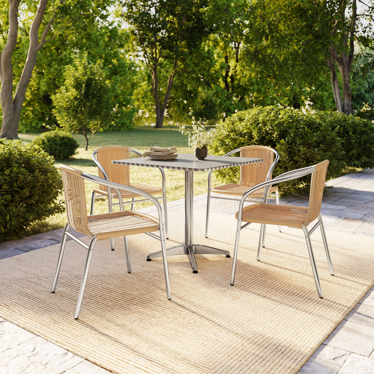 Flash Furniture TLH-ALUM-32SQ-020BGECHR4-GG 31.5" Square Aluminum Indoor-Outdoor Table Set with 4 Beige Rattan Chairs - View 8