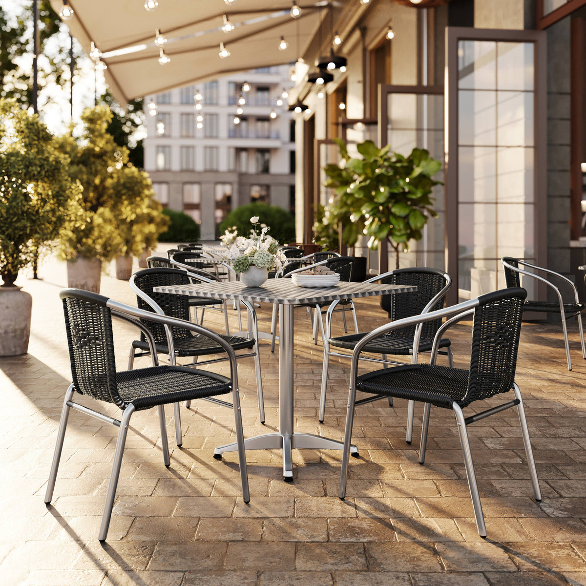 Flash Furniture TLH-ALUM-32SQ-020BKCHR4-GG 31.5" Square Aluminum Indoor-Outdoor Table Set with 4 Black Rattan Chairs - View 2
