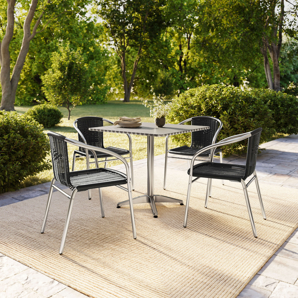 Flash Furniture TLH-ALUM-32SQ-020BKCHR4-GG 31.5" Square Aluminum Indoor-Outdoor Table Set with 4 Black Rattan Chairs - View 8