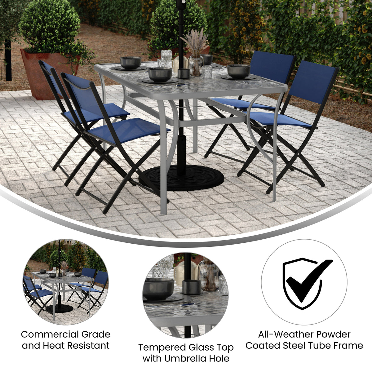 Flash Furniture TLH-SC-094L-SV-GG Commercial 35x59 Tempered Glass and Steel Patio Table with Umbrella Hole-Silver (Clear Top/Silver Frame) - View 2