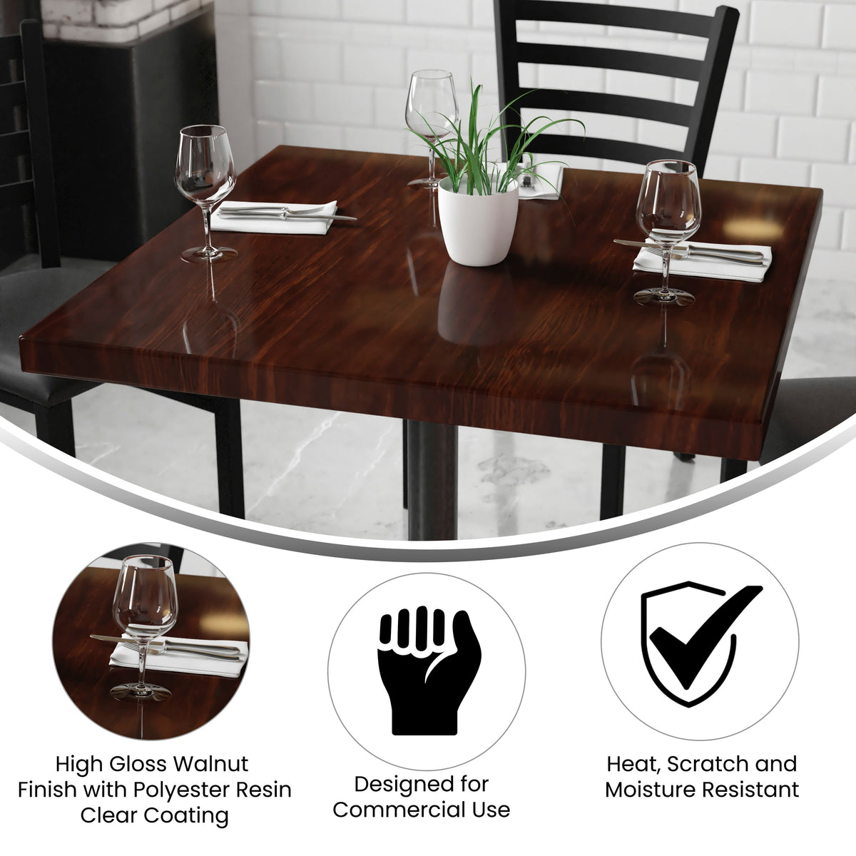 Flash Furniture TP-WAL-3636-GG 36" Square High-Gloss Walnut Resin Table Top with 2" Thick Drop-Lip - View 2
