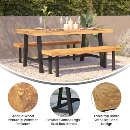 Flash Furniture TT-TT01122-1A-NAT-GG All Weather Commercial Acacia Wood Top Patio Table with Metal Base-Natural/Black - View 2