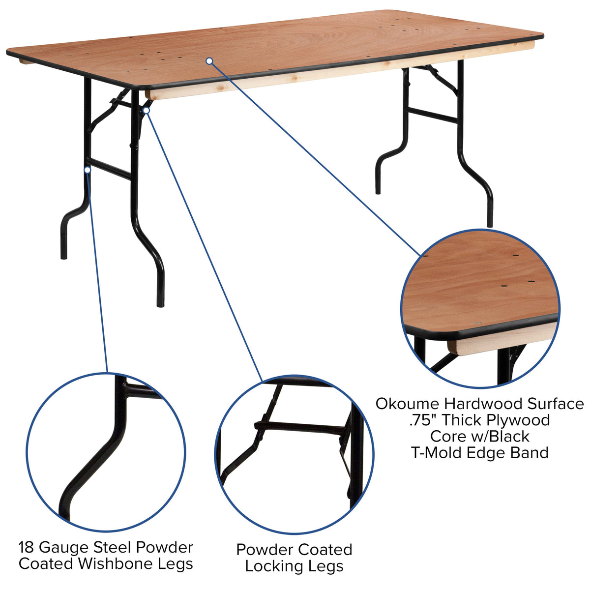 Flash Furniture XA-3672-P-GG 6-Foot Rectangular Wood Folding Banquet Table with Clear Coated Finished Top - View 4