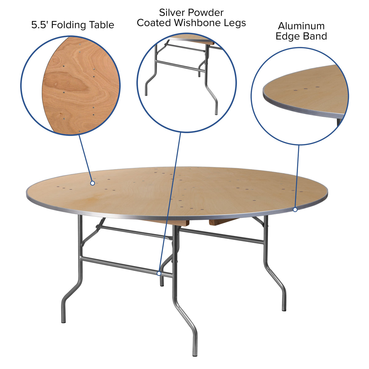 Flash Furniture XA-66-BIRCH-M-GG 5.5-Foot Round HEAVY DUTY Birchwood Folding Banquet Table with METAL Edges - View 3