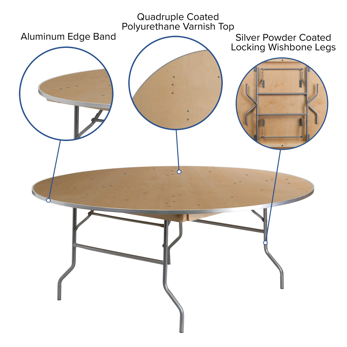 Flash Furniture XA-72-BIRCH-M-GG 6-Foot Round HEAVY DUTY Birchwood Folding Banquet Table with METAL Edges - View 3