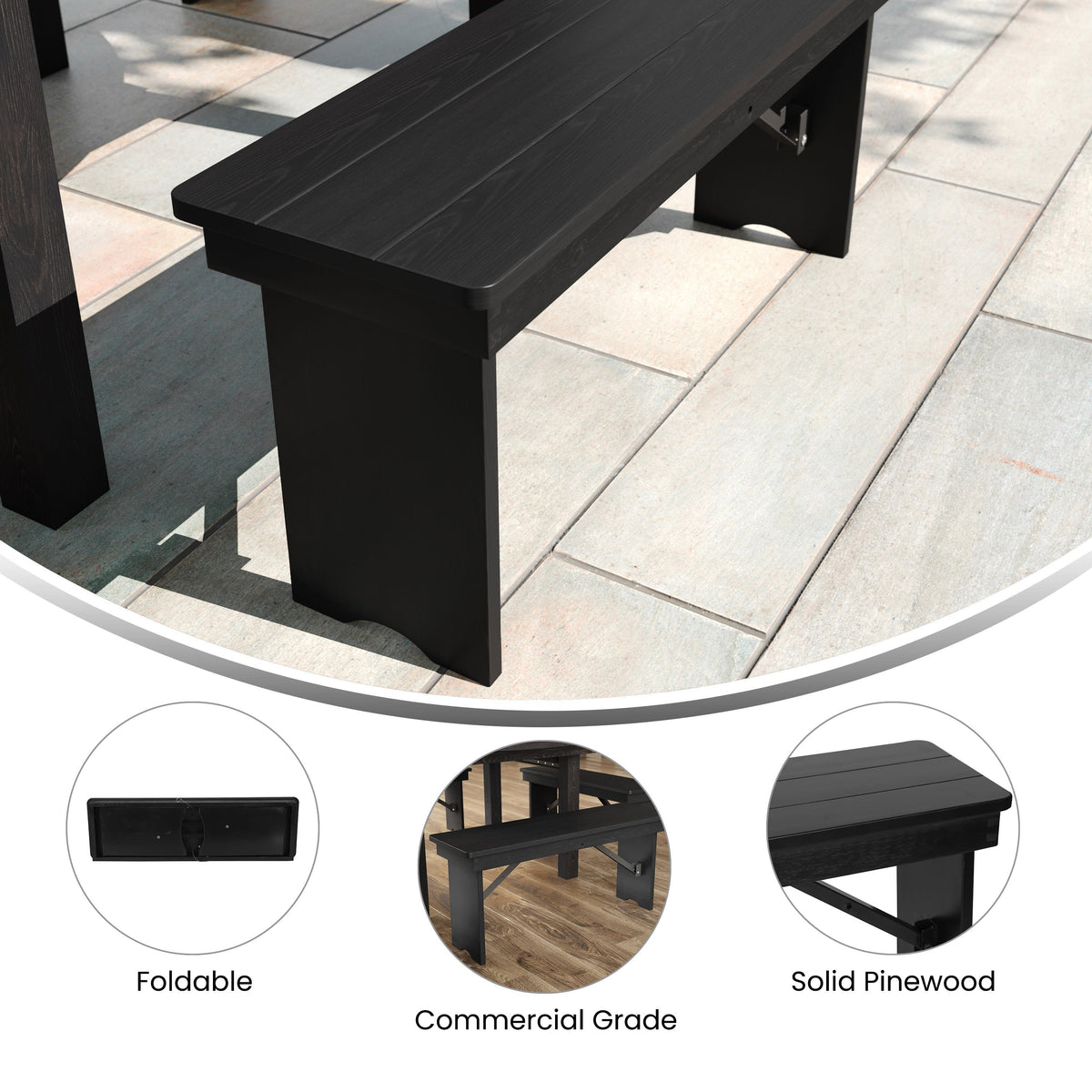 Flash Furniture XA-B-40X12-BW-GG 40" x 12" Antique Solid Pine Farmhouse Folding Bench in Black Wash - View 3