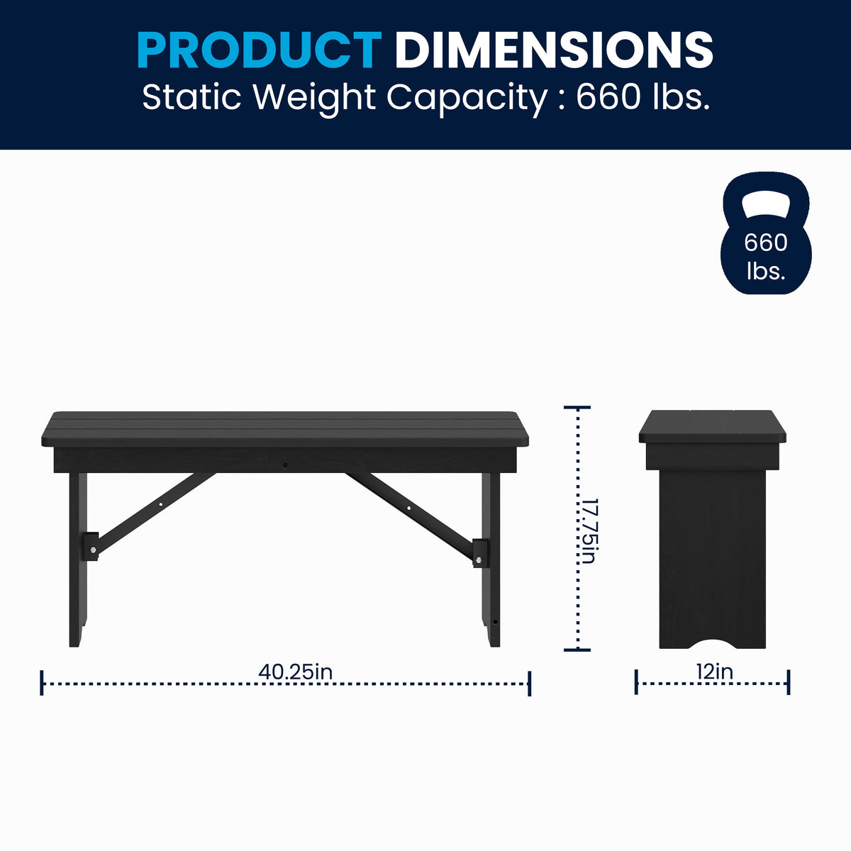 Flash Furniture XA-B-40X12-BW-GG 40" x 12" Antique Solid Pine Farmhouse Folding Bench in Black Wash - View 5